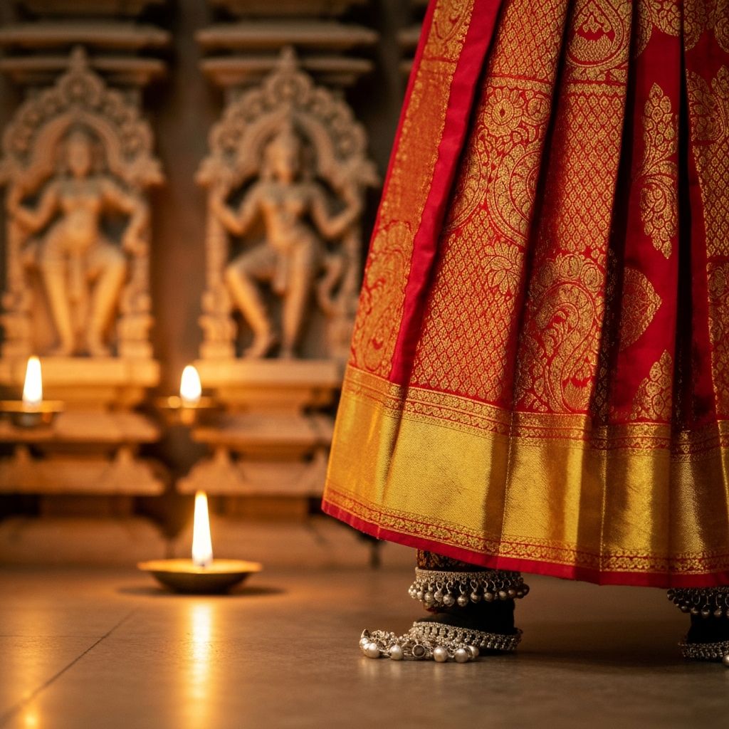 Ornate Bharatanatyam costume details — vibrant silk, traditional jewellery, and anklets