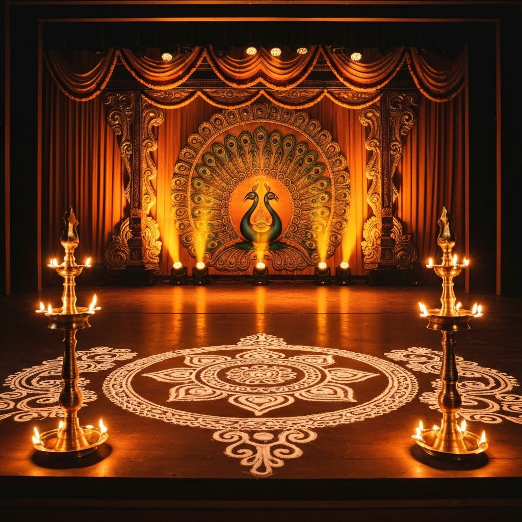 Bharatanatyam stage with vibrant orange lighting, kolam patterns, and brass oil lamps