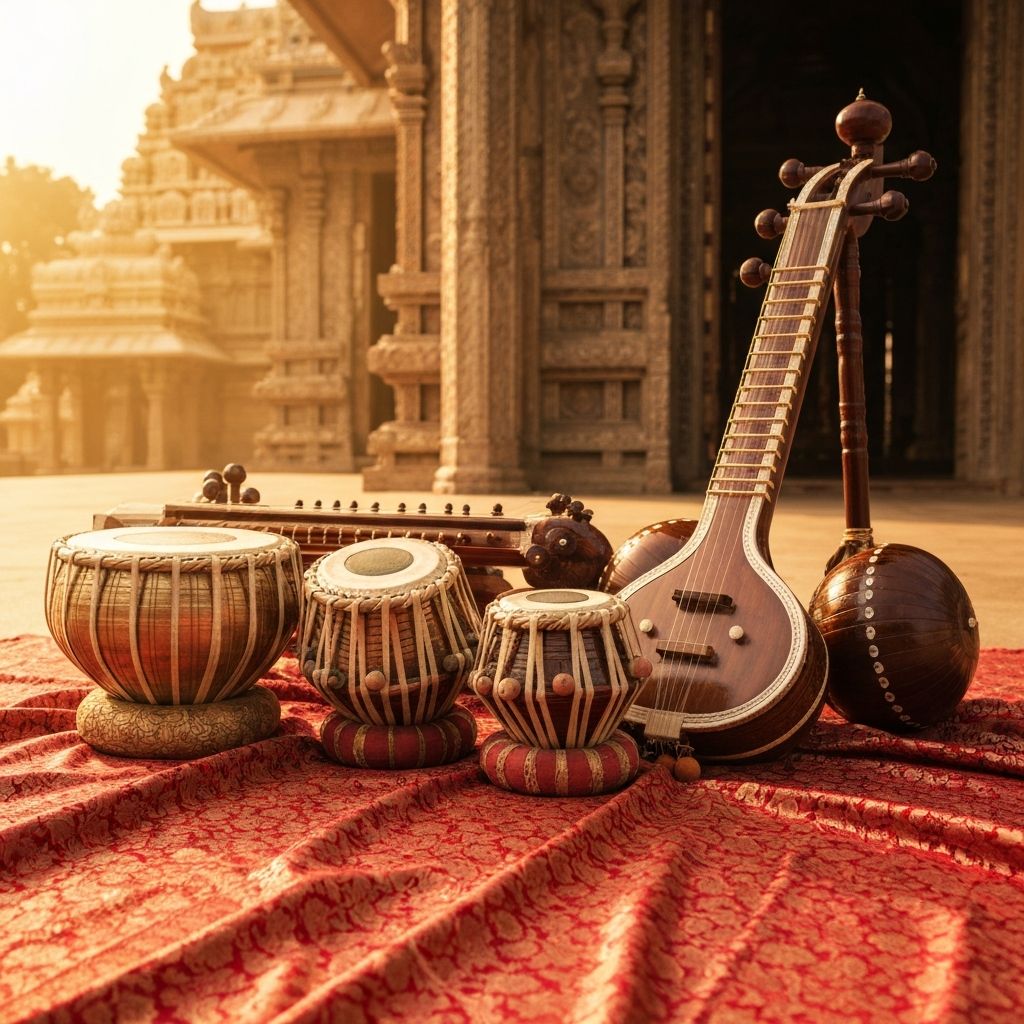 Traditional Nattuvangam cymbals and Indian classical instruments on silk cloth