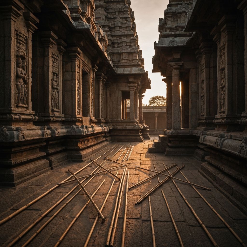 Traditional Tamil Silambam bamboo staffs in a stone temple courtyard