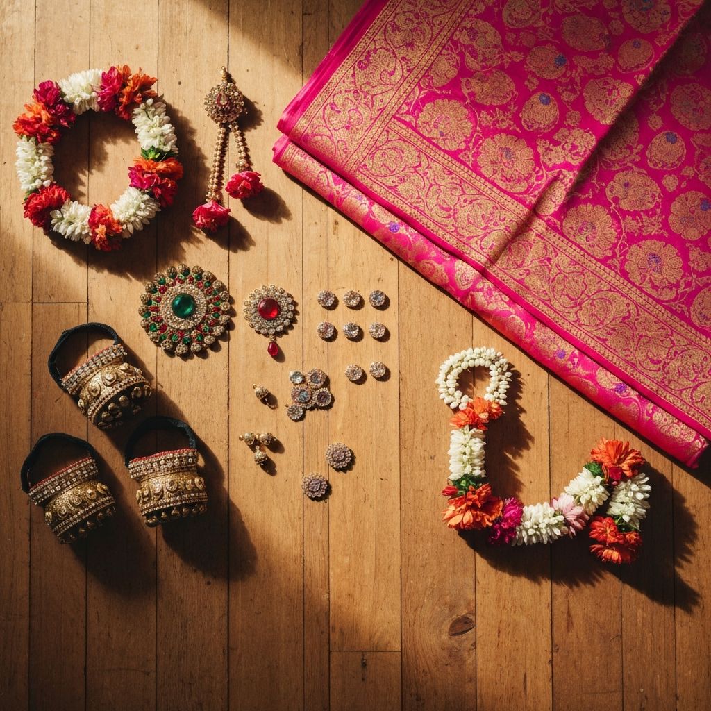 Colourful Indian dance accessories — ankle bells, silk fabric, and flower garlands